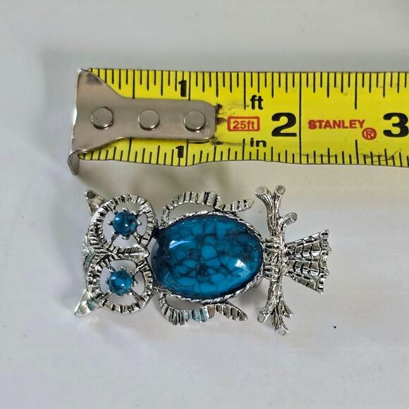 Vintage Gerry's Owl Brooch Women's Silver Faux Turquoise Cabochon Autumn Birding - Picture 7 of 8